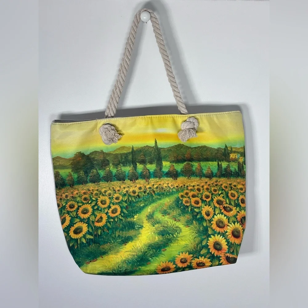 NWOT Sunflower Field Canvas Rope Handle Tote Bag Medium Size 12x17x5 - Picture 1 of 6